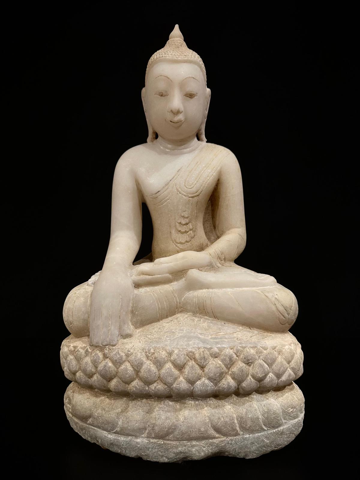 Marble seated Buddha in Bhumisparsha mudra- Calling the earth to witness - 7367